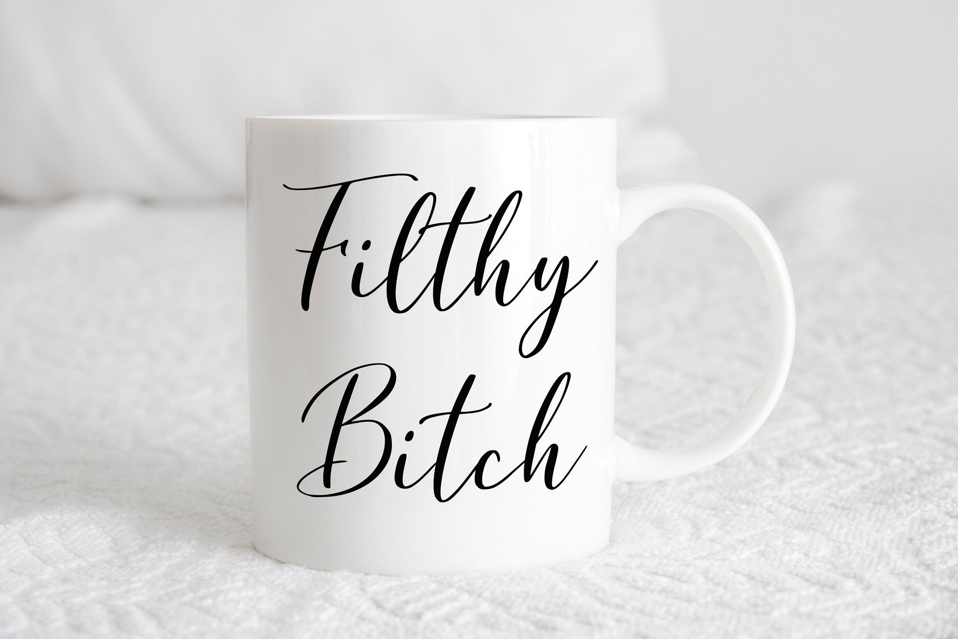 A white ceramic mug with the phrase 'Filthy Bitch' printed in black script.